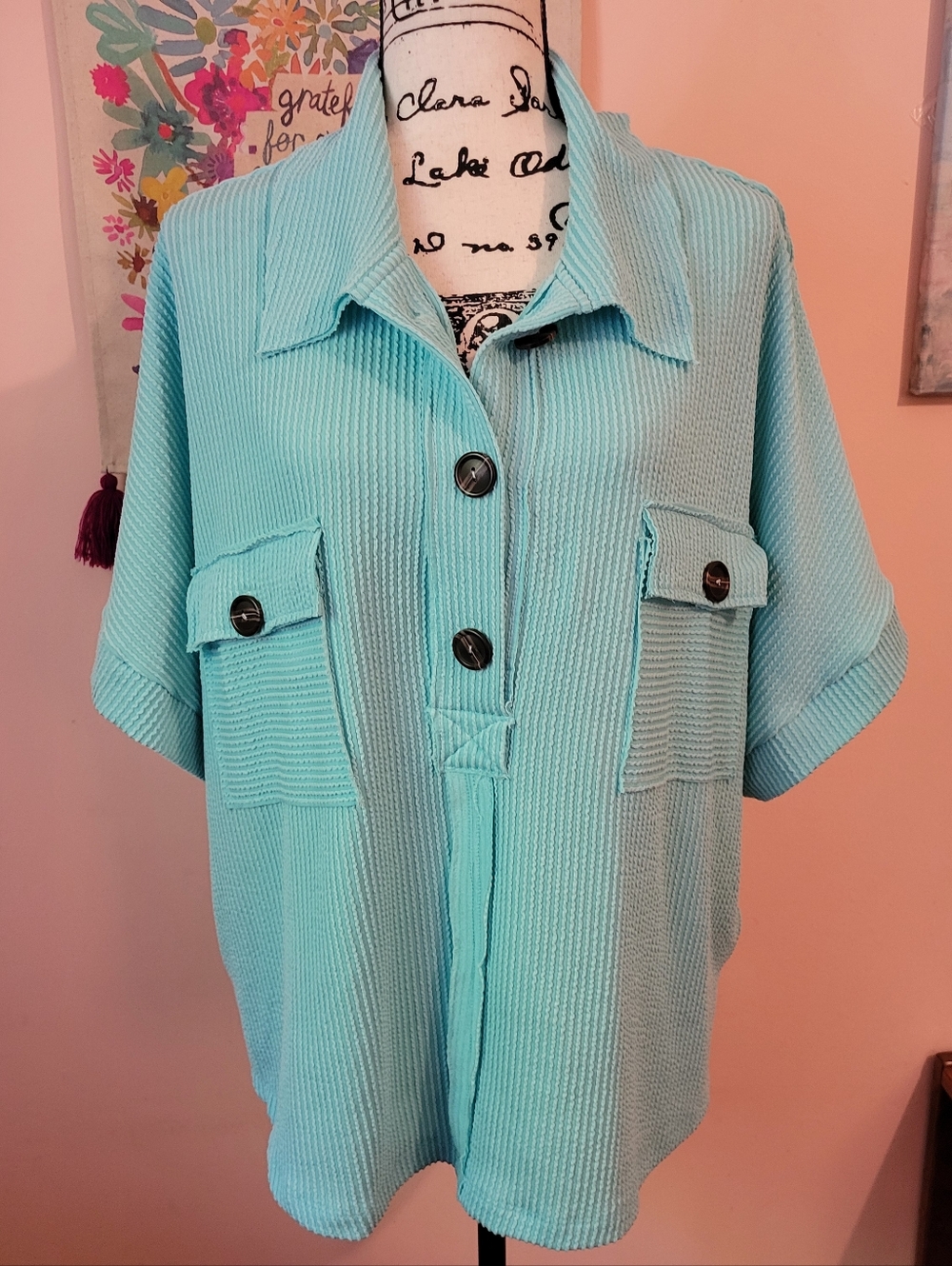 Bucket List Seafoam Green Slouchy & Soft Oversized Textured Pocket Tee, EUC, M - Picture 2 of 15